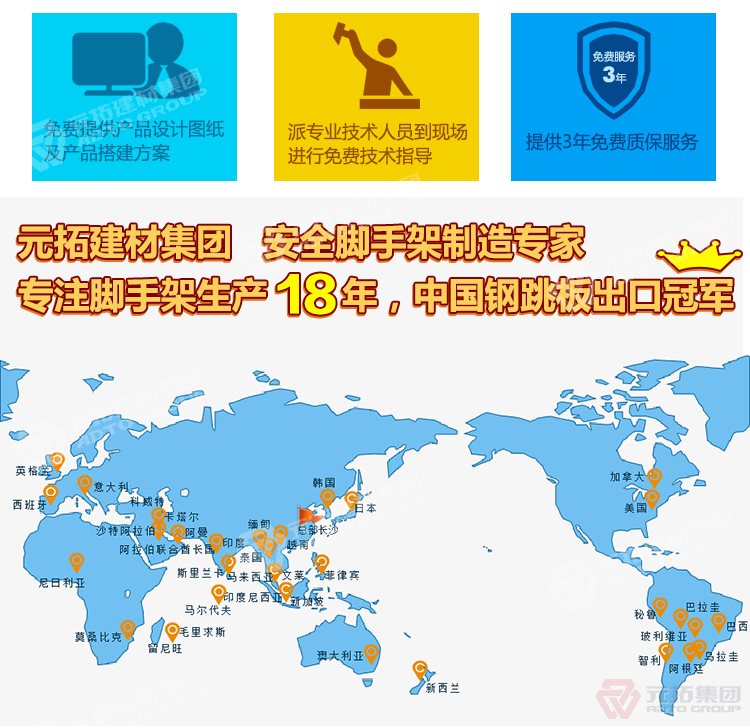 元拓建材集團，安全腳手架制造專家！專注腳手架生產(chǎn)18年，中國鋼跳板出口冠軍！
